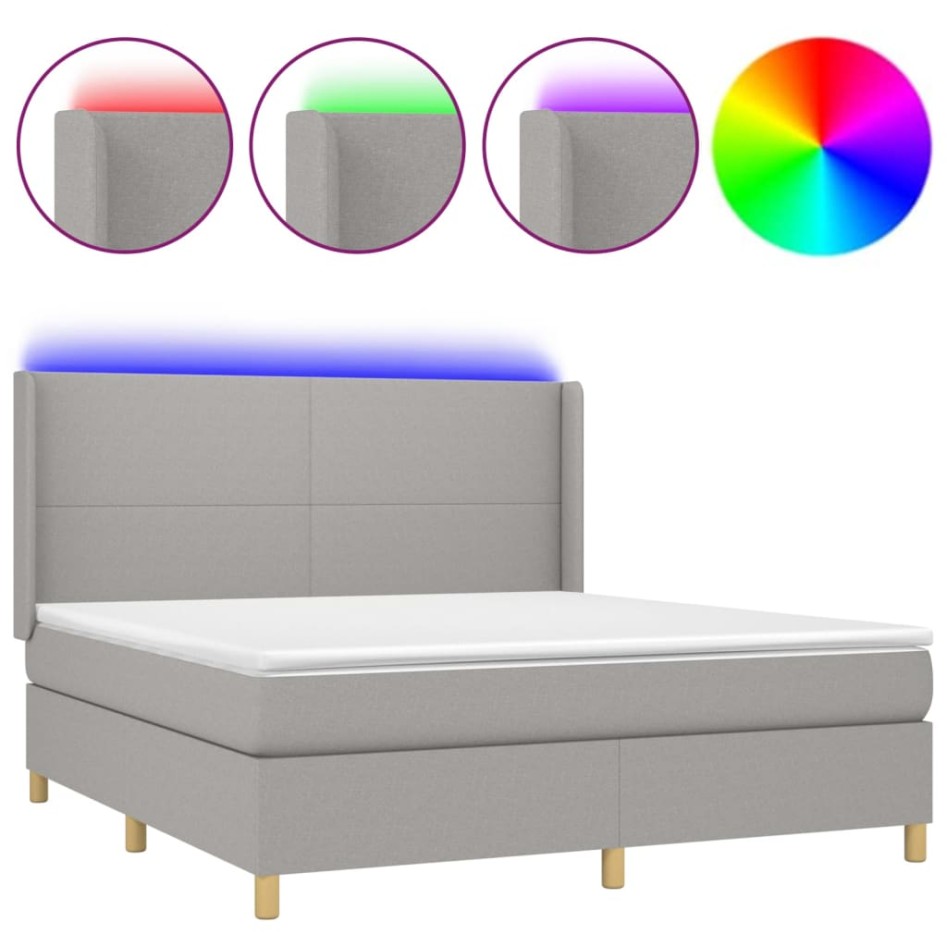 Cama box spring colchón y luces LED tela gris claro 160x200