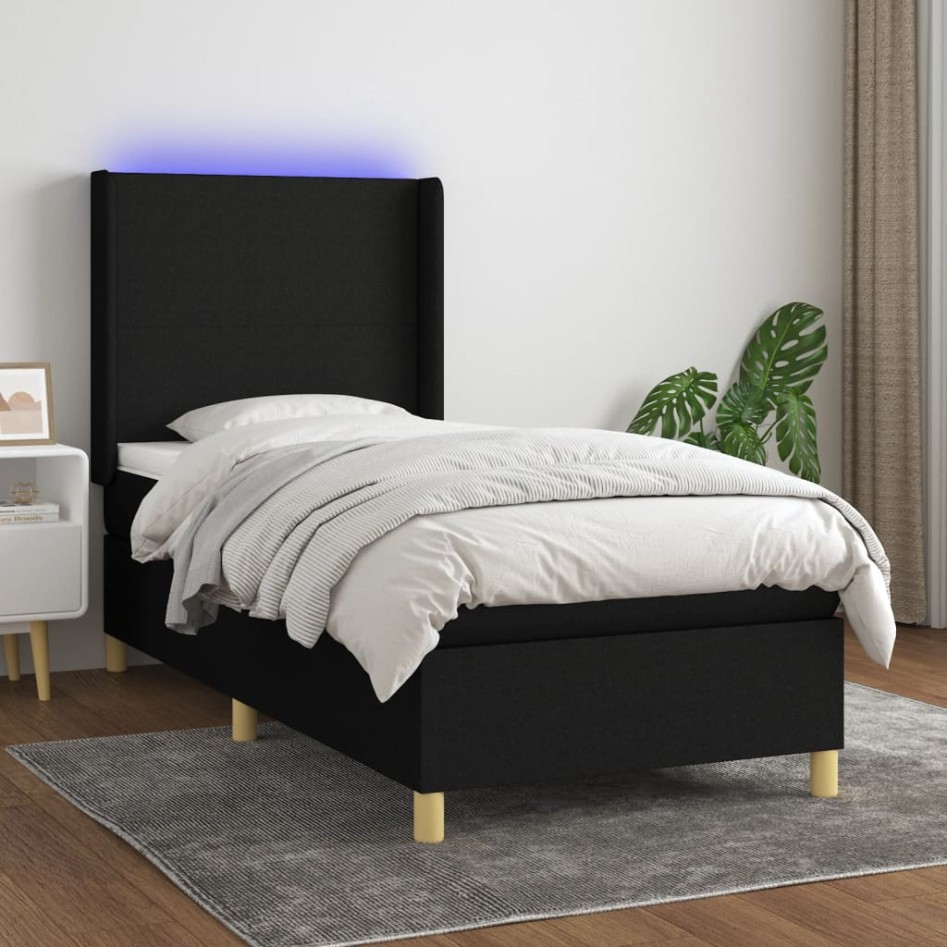 Cama box spring colchón y luces LED tela negro 100x200