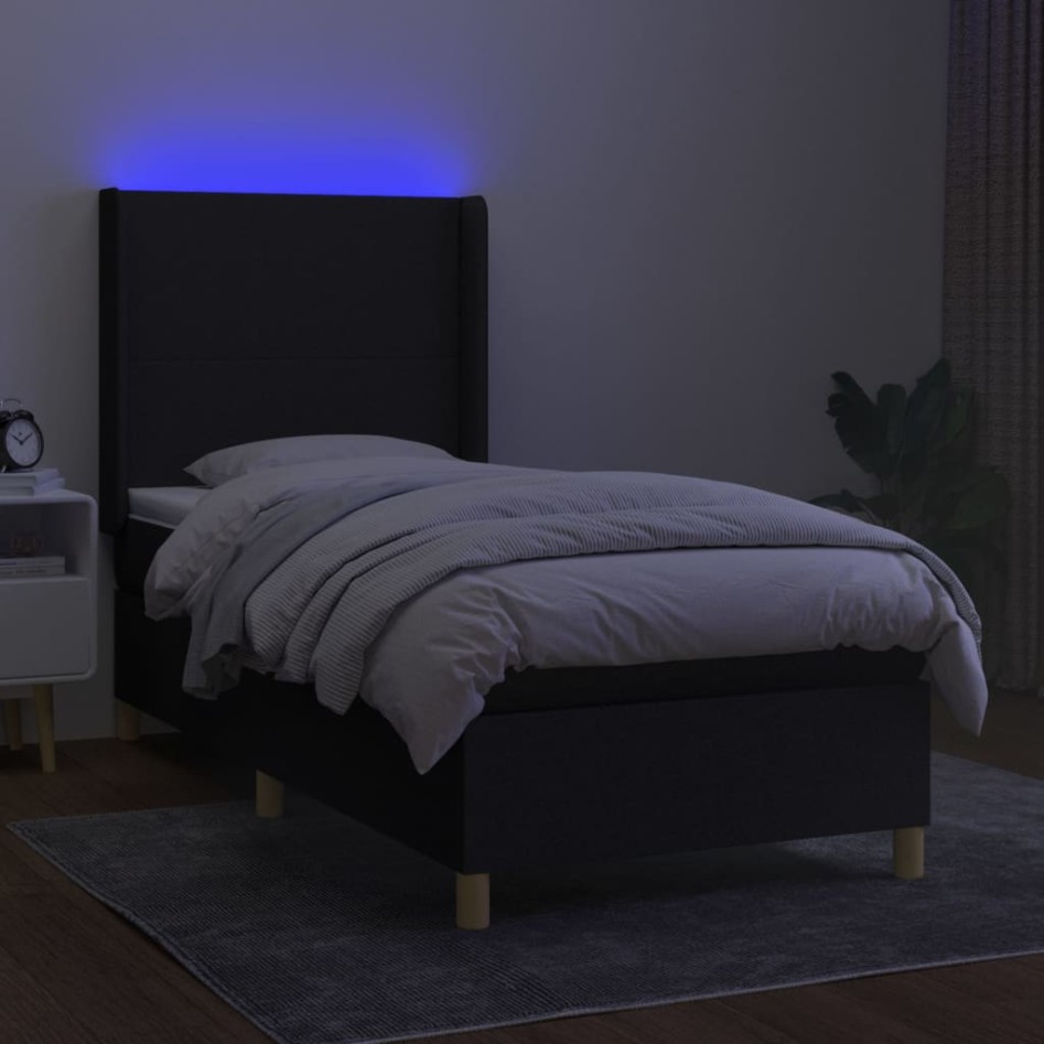 Cama box spring colchón y luces LED tela negro 100x200