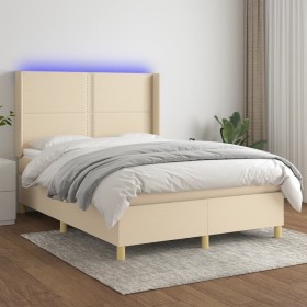 Cama box spring colchón y luces LED tela crema 140x200