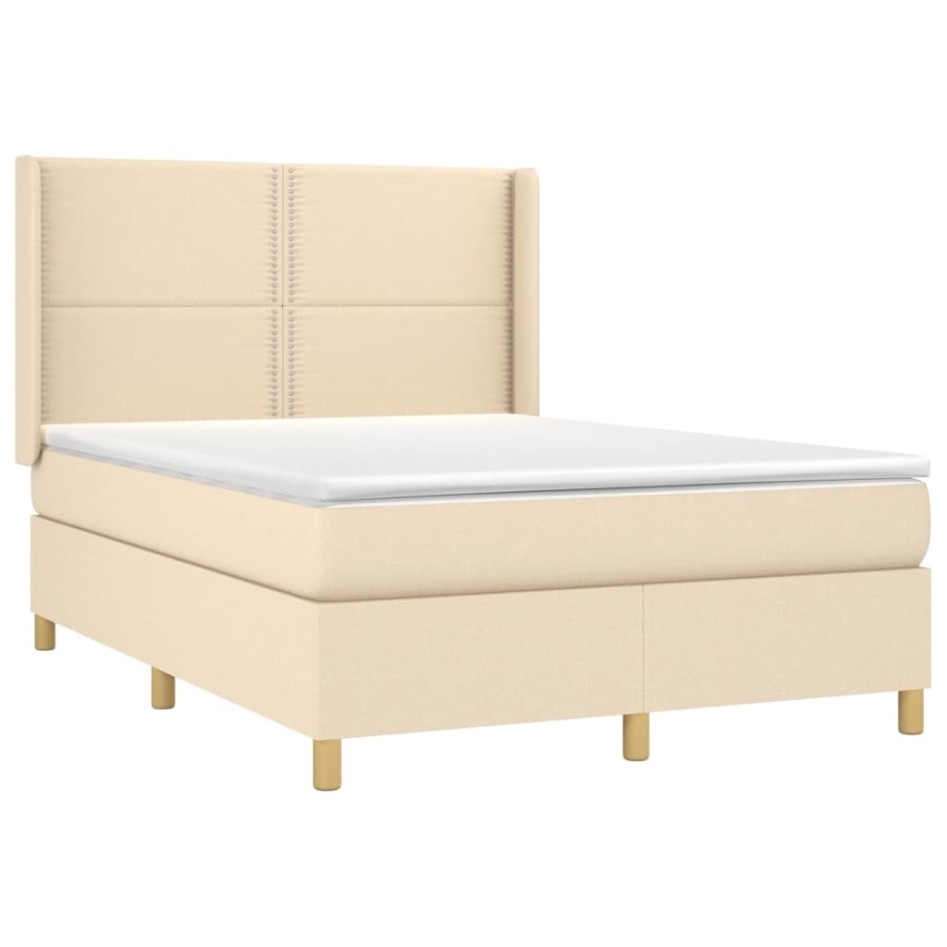 Cama box spring colchón y luces LED tela crema 140x200