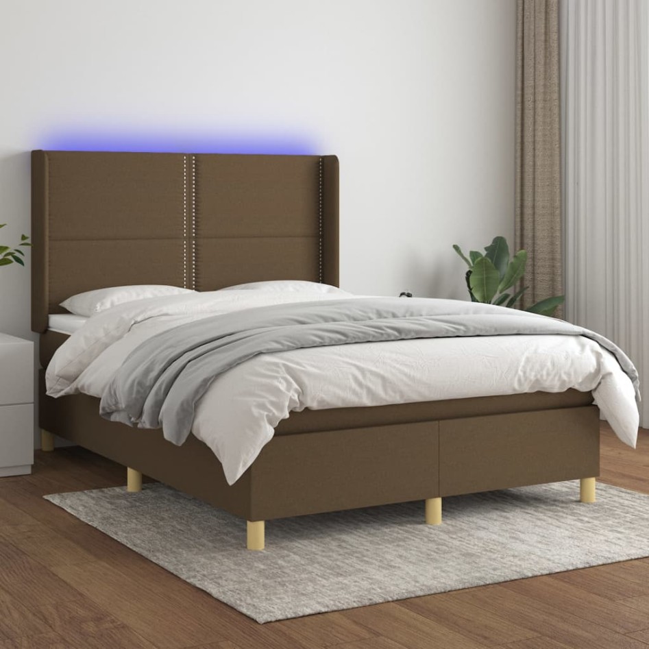 Cama box spring colchón luces LED tela marrón oscuro 140x190