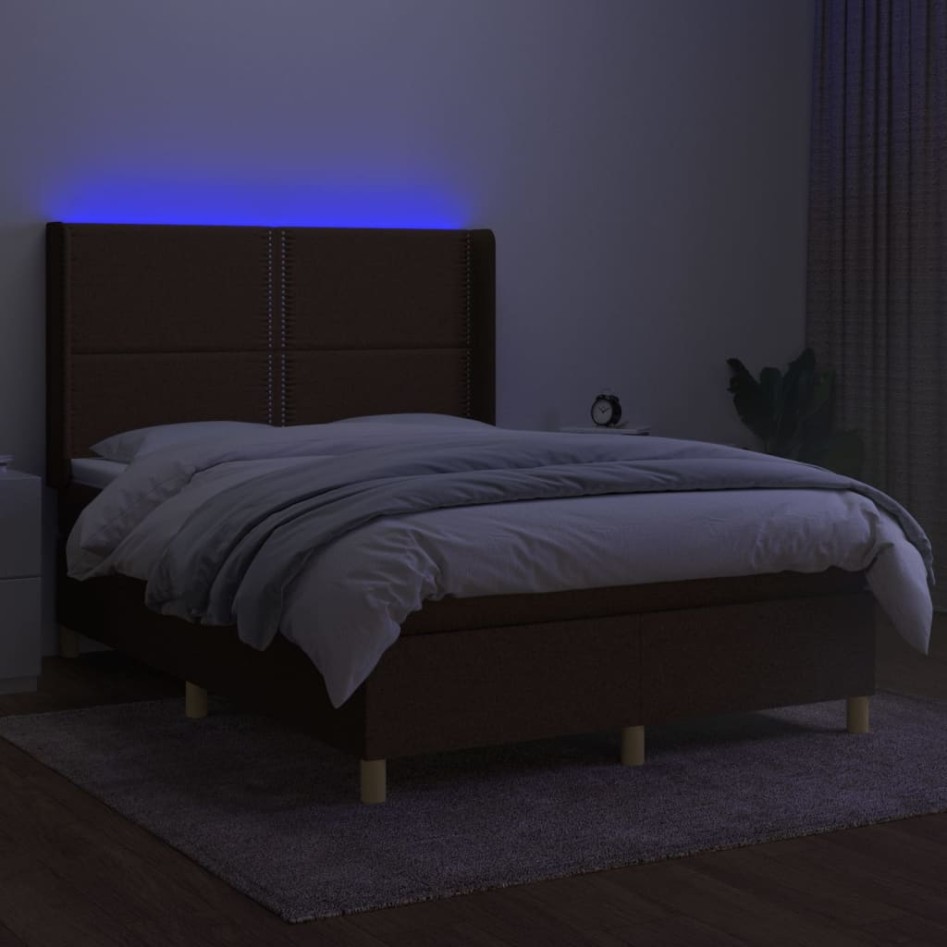 Cama box spring colchón luces LED tela marrón oscuro 140x190