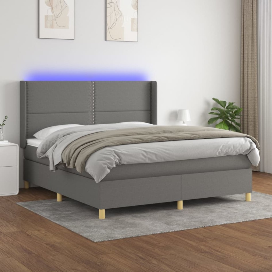 Cama box spring colchón y luces LED tela gris oscuro 180x200