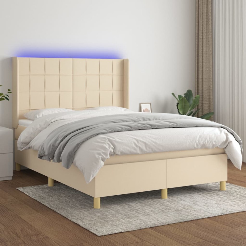 Cama box spring colchón y luces LED tela crema 140x200