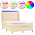 Cama box spring colchón y luces LED tela crema 140x200