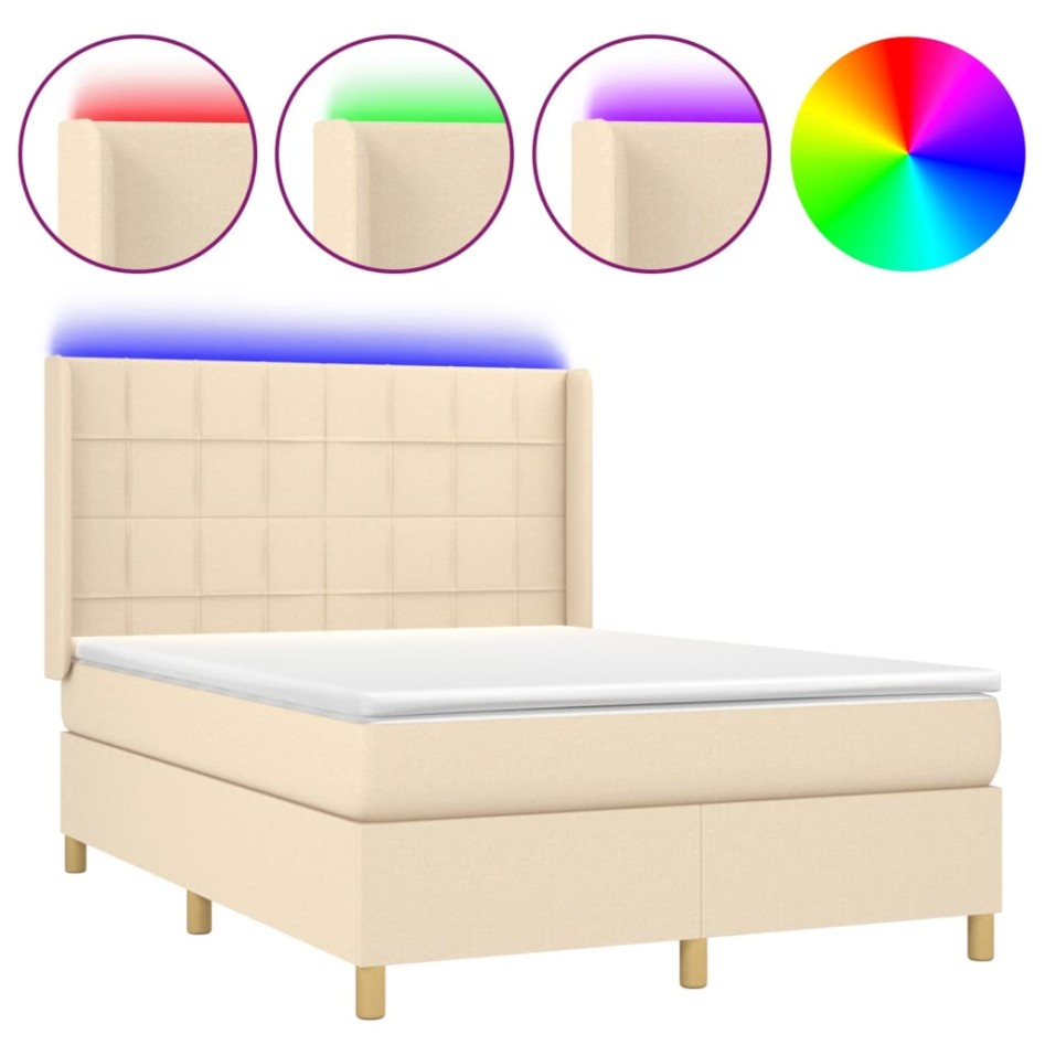 Cama box spring colchón y luces LED tela crema 140x200