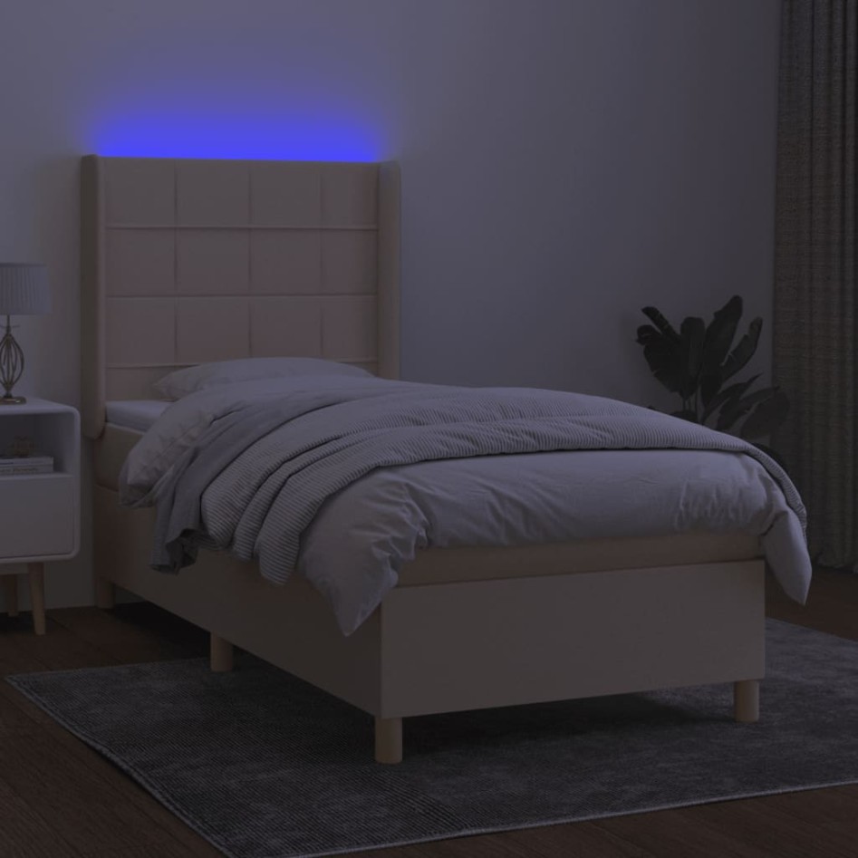 Cama box spring colchón y luces LED tela color crema 90x190