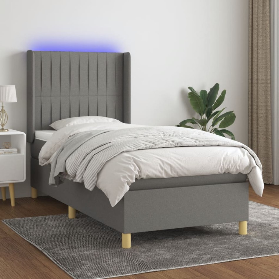 Cama box spring colchón y luces LED tela gris oscuro 90x200