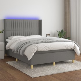 Cama box spring colchón y luces LED tela gris oscuro 140x200