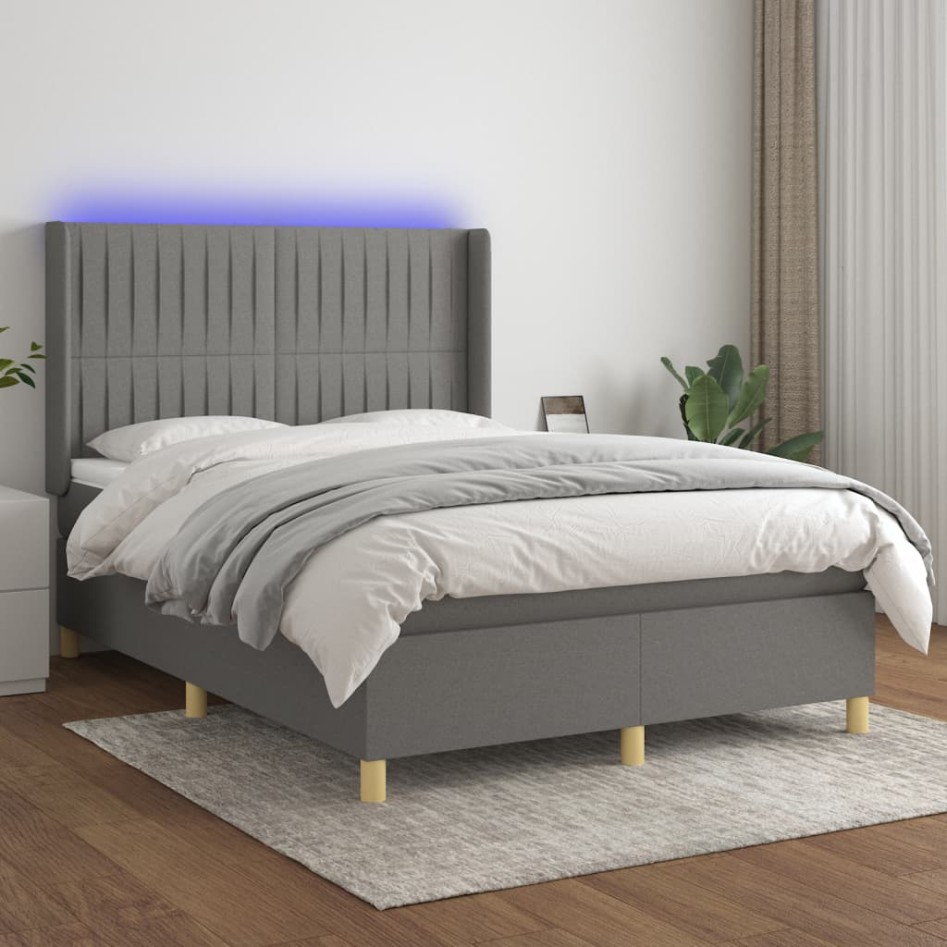 Cama box spring colchón y luces LED tela gris oscuro 140x200
