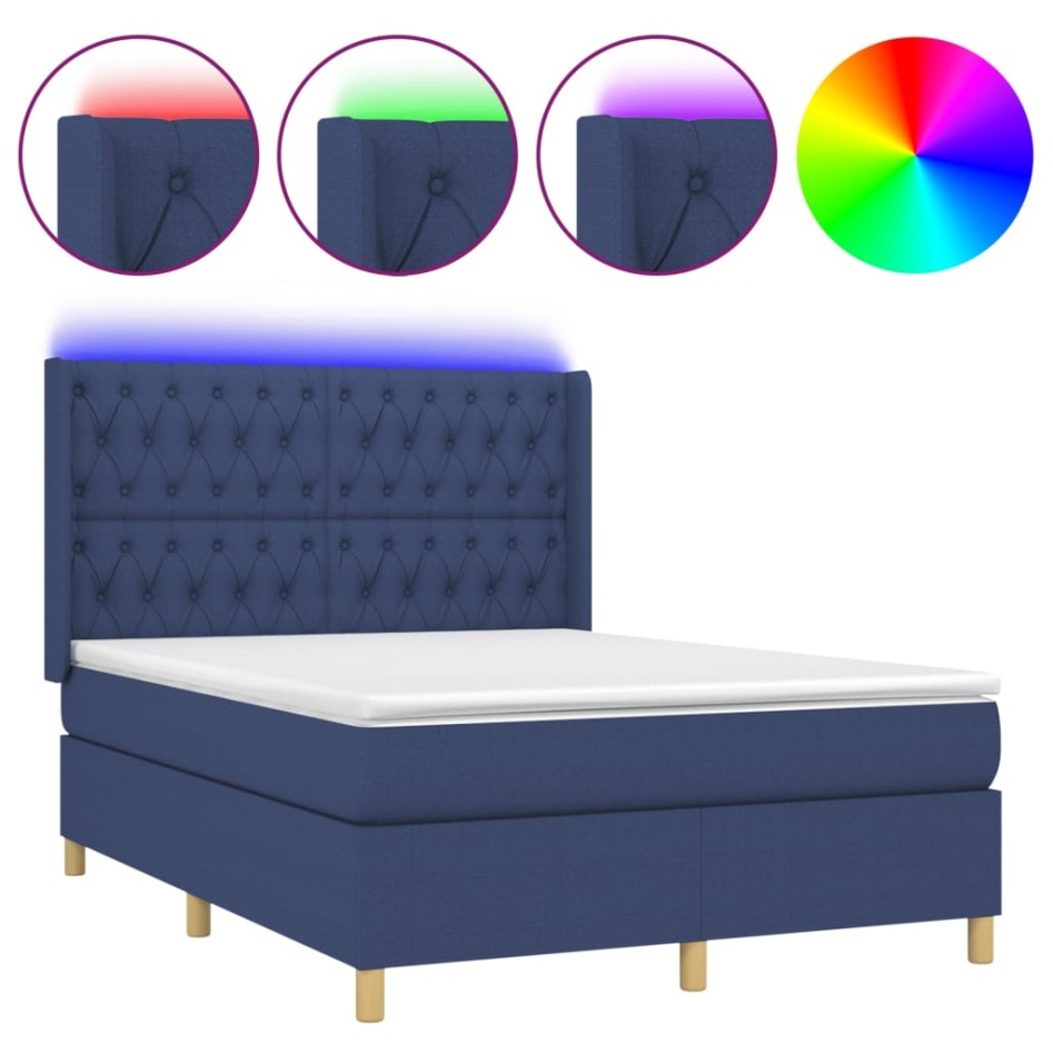 Cama box spring colchón y luces LED tela azul 140x190