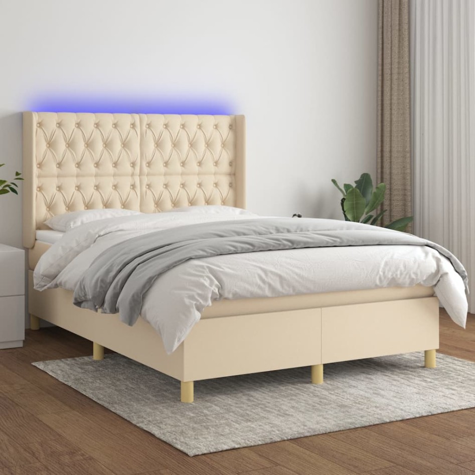 Cama box spring colchón y luces LED tela crema 140x200