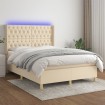 Cama box spring colchón y luces LED tela crema 140x200 cm
