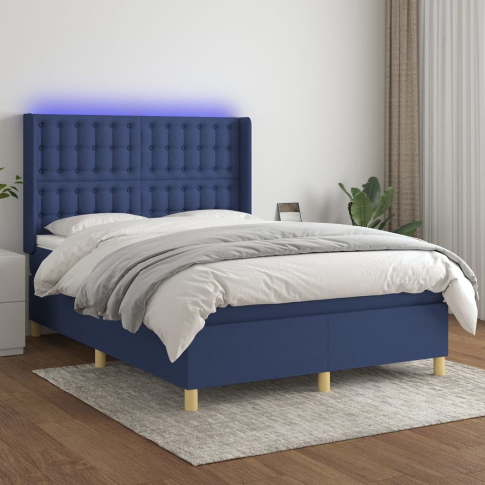 Cama box spring colchón y luces LED tela azul 140x190