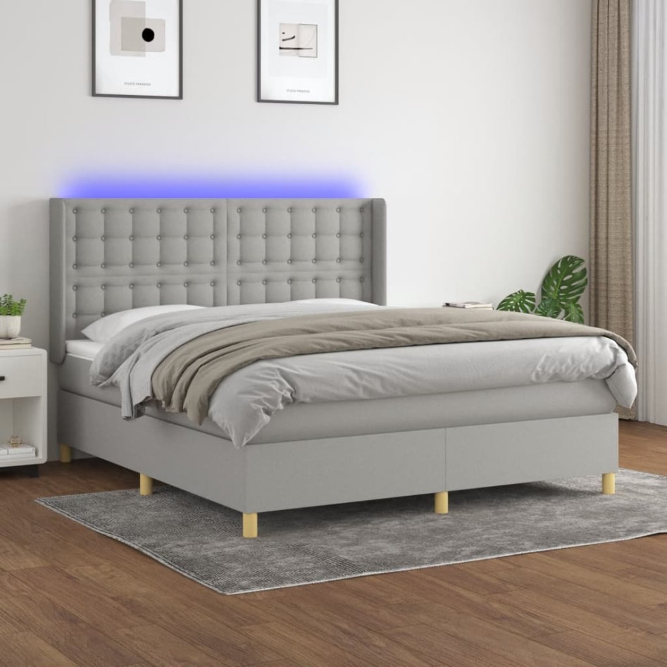 Cama box spring colchón y luces LED tela gris claro 160x200