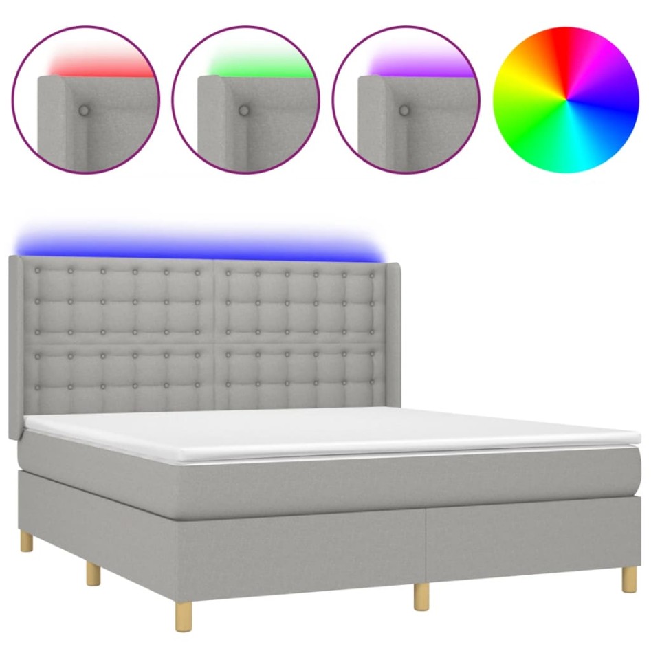 Cama box spring colchón y luces LED tela gris claro 160x200