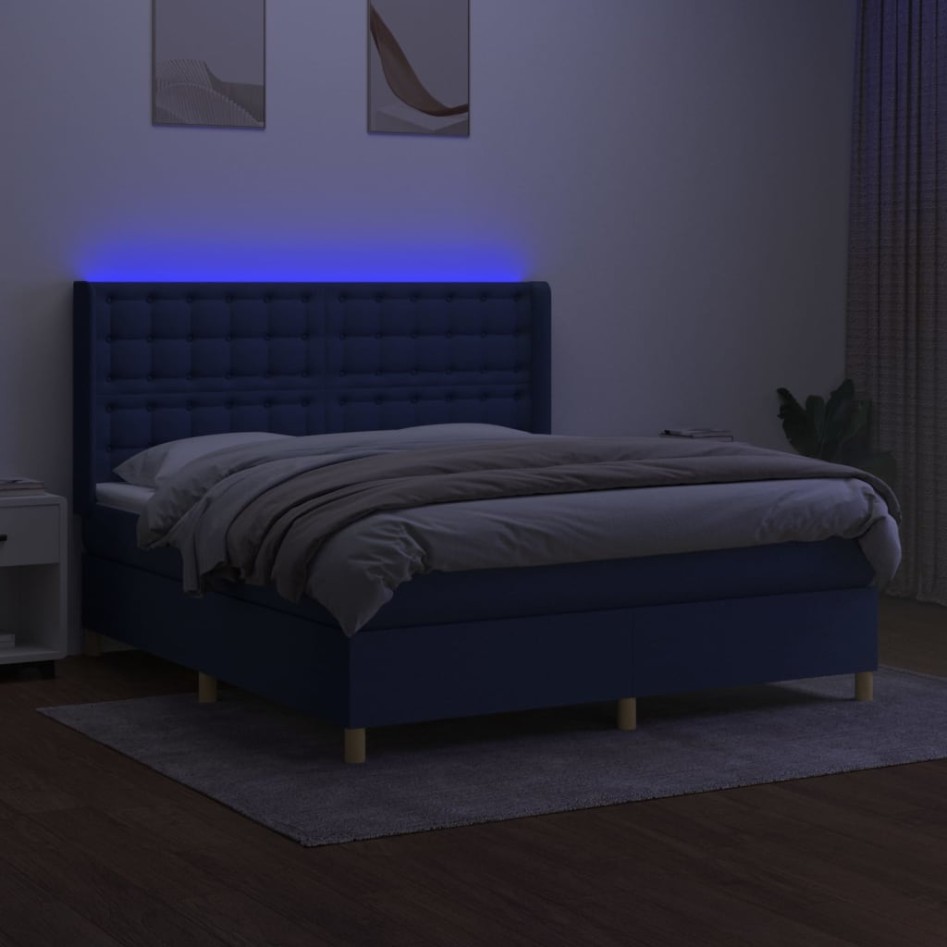 Cama box spring colchón y luces LED tela azul 160x200
