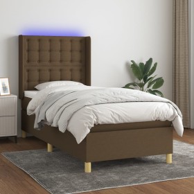 Cama box spring colchón luces LED tela marrón oscuro