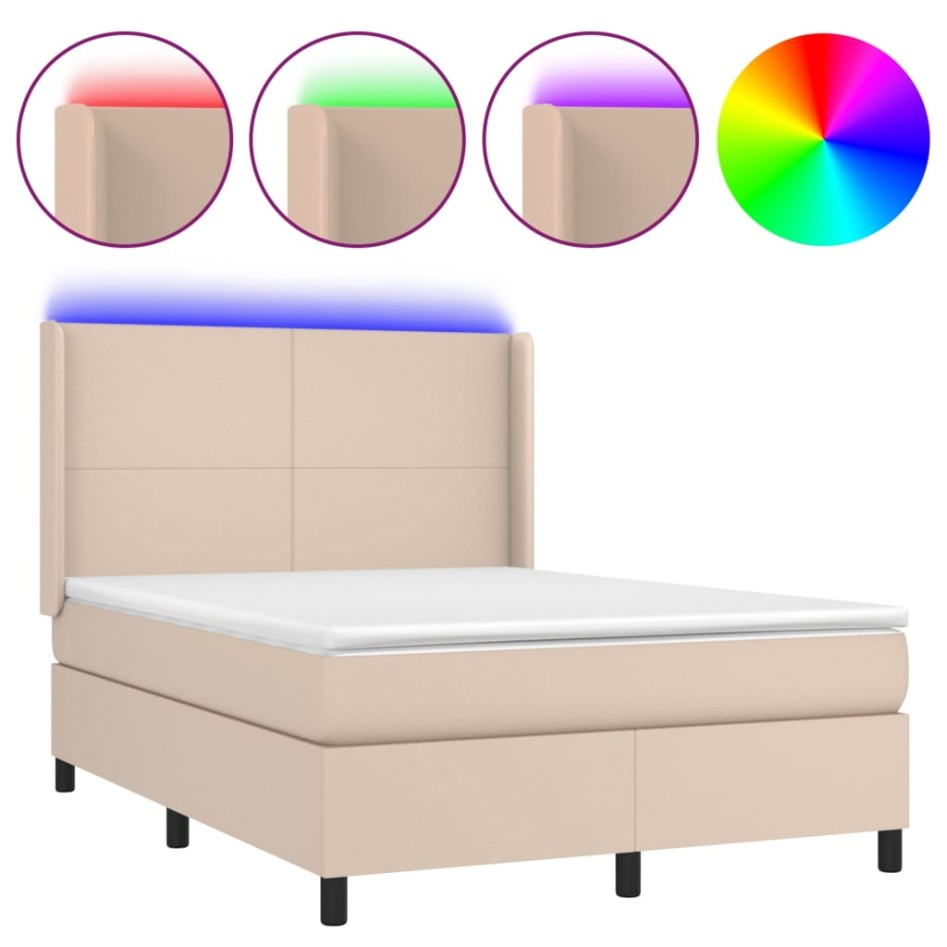 Cama box spring colchón LED cuero sintético capuchino