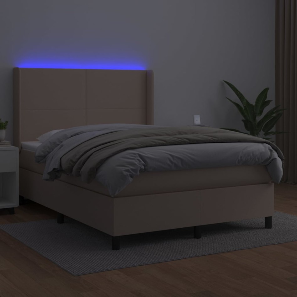 Cama box spring colchón LED cuero sintético capuchino