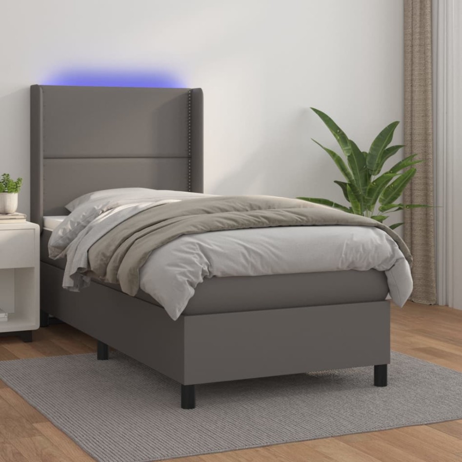 Cama box spring y colchón LED cuero sintético gris 80x200