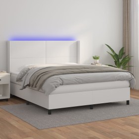 Cama box spring colchón y LED cuero sintético blanco 160x200