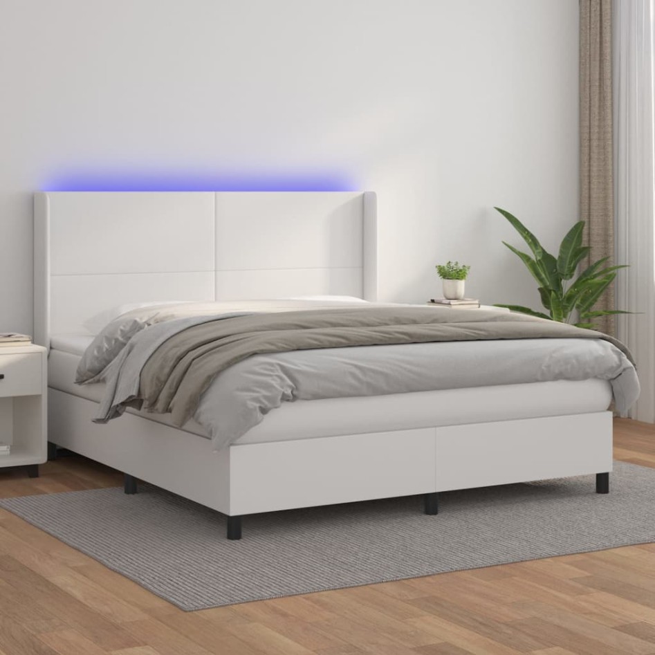 Cama box spring colchón y LED cuero sintético blanco 160x200