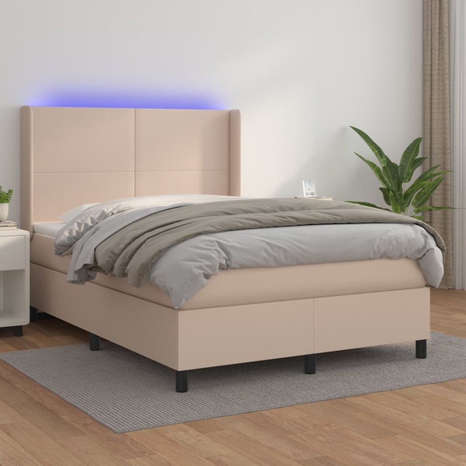 Cama box spring colchón LED cuero sintético capuchino
