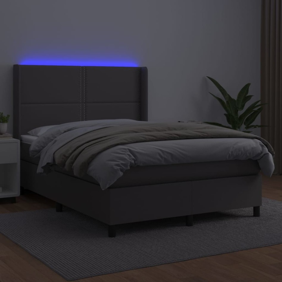Cama box spring colchón y LED cuero sintético gris 140x190