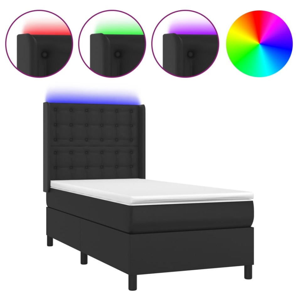 Cama box spring y colchón LED cuero sintético negro 90x200