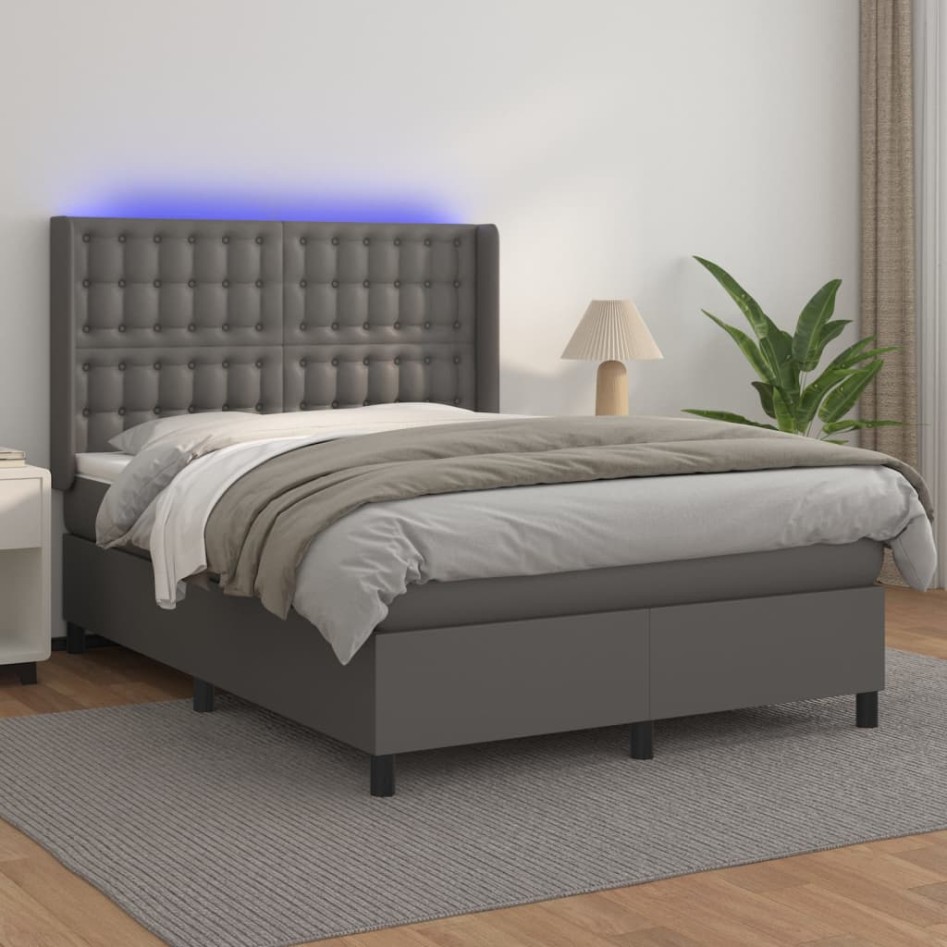 Cama box spring colchón y LED cuero sintético gris 140x200