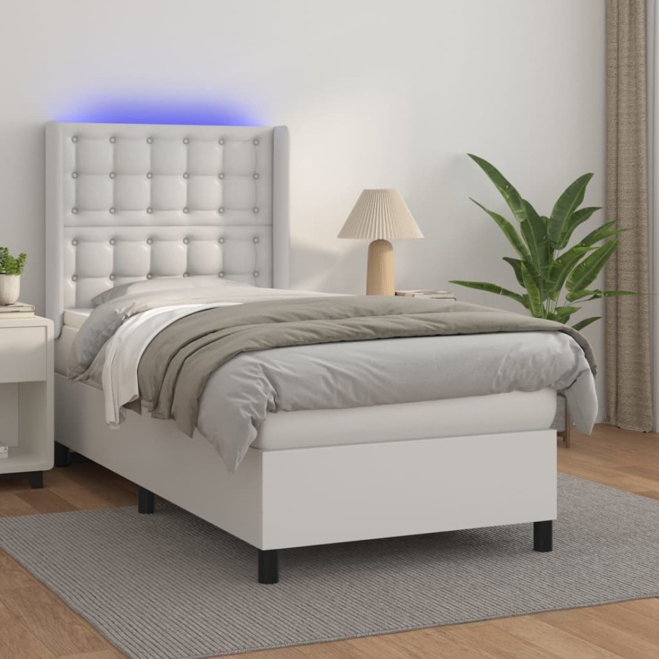 Cama box spring colchón y LED cuero sintético blanco 100x200
