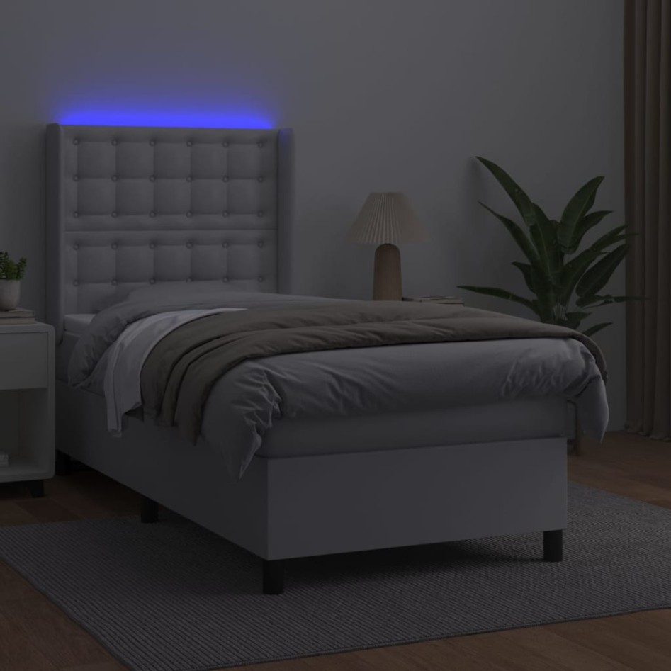 Cama box spring colchón y LED cuero sintético blanco 100x200
