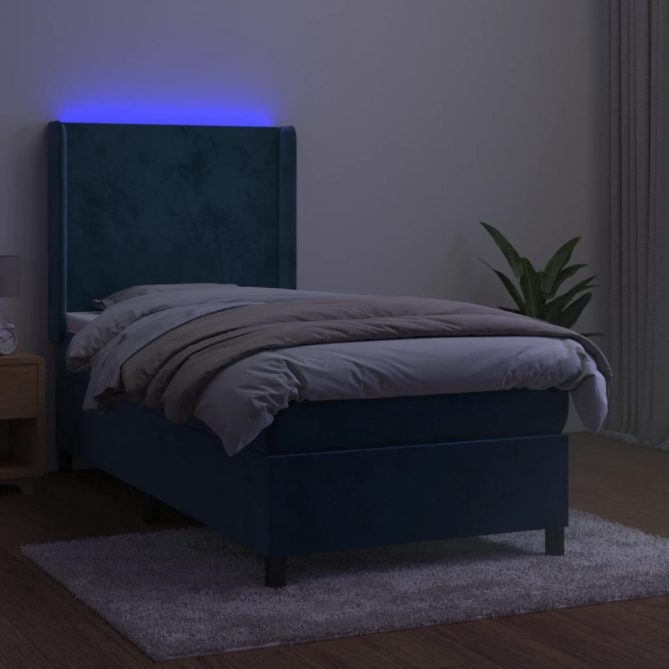 Cama box spring colchón y LED terciopelo azul oscuro 90x190
