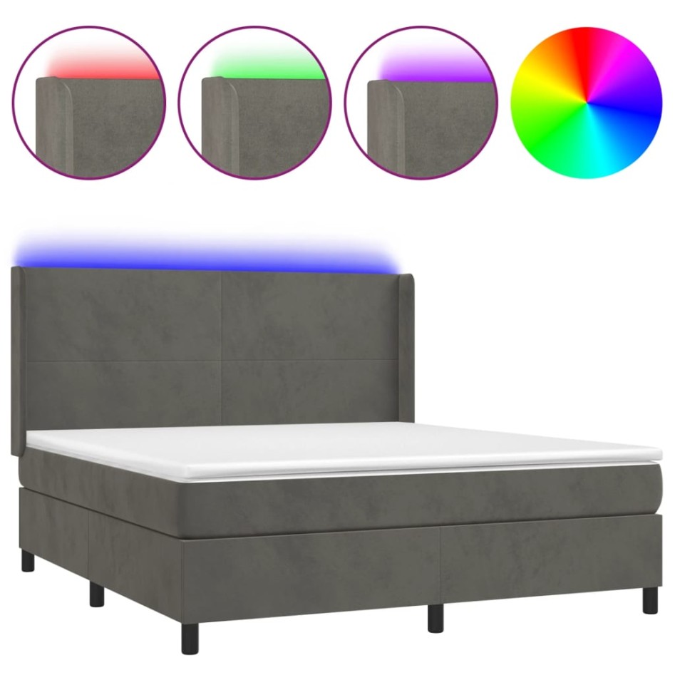 Cama box spring colchón y LED terciopelo gris oscuro 160x200