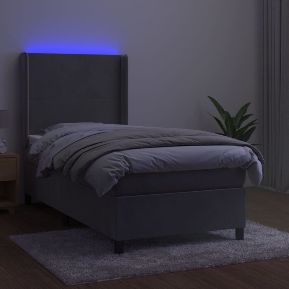 Cama box spring colchón y LED terciopelo gris claro 100x200