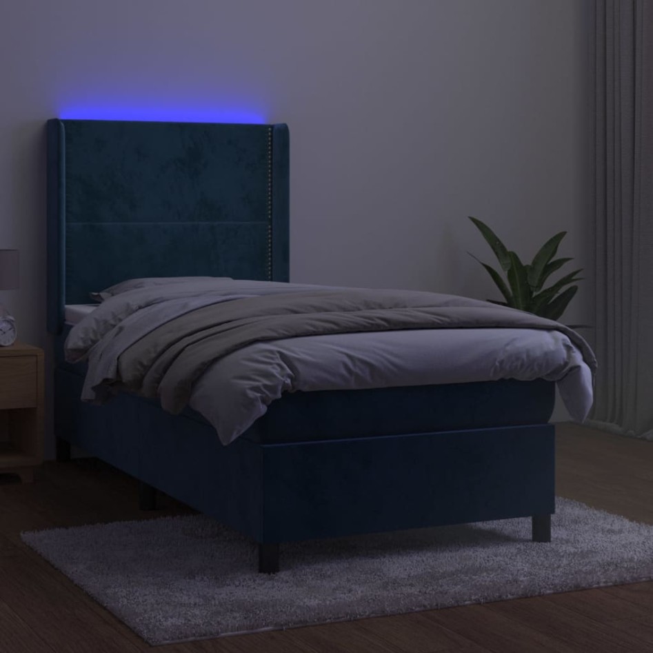 Cama box spring colchón y LED terciopelo azul oscuro 80x200