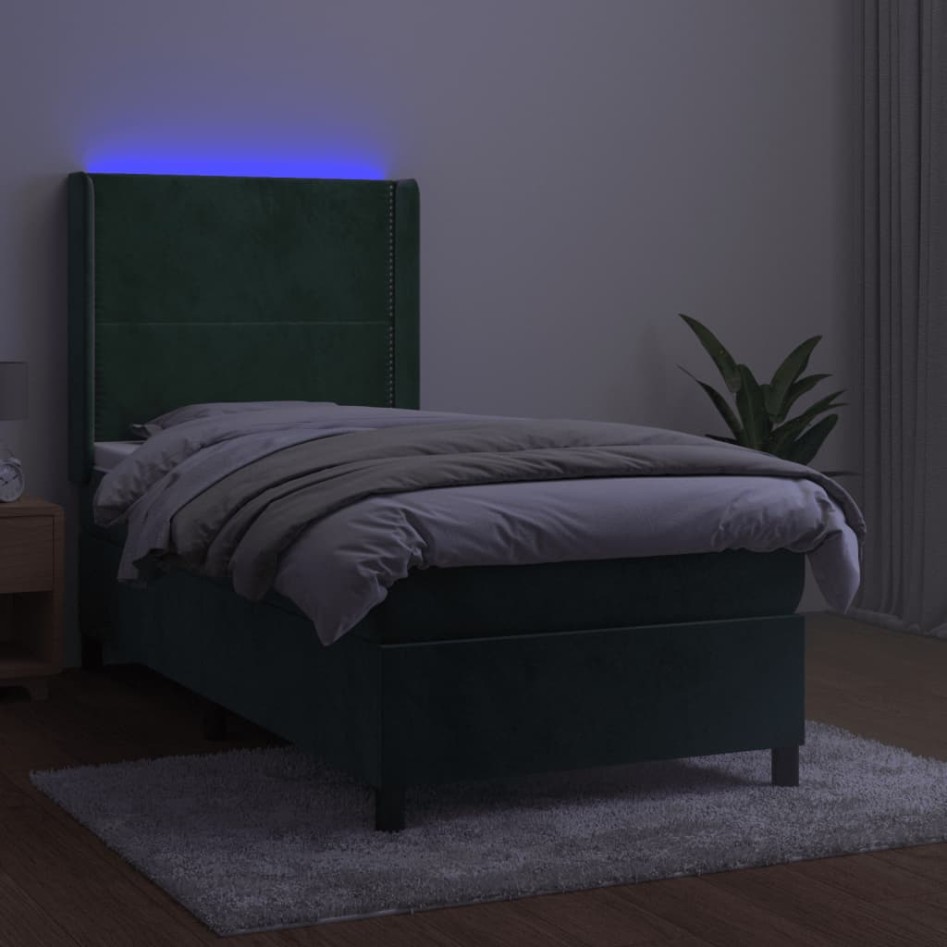 Cama box spring colchón y LED terciopelo verde oscuro 90x190