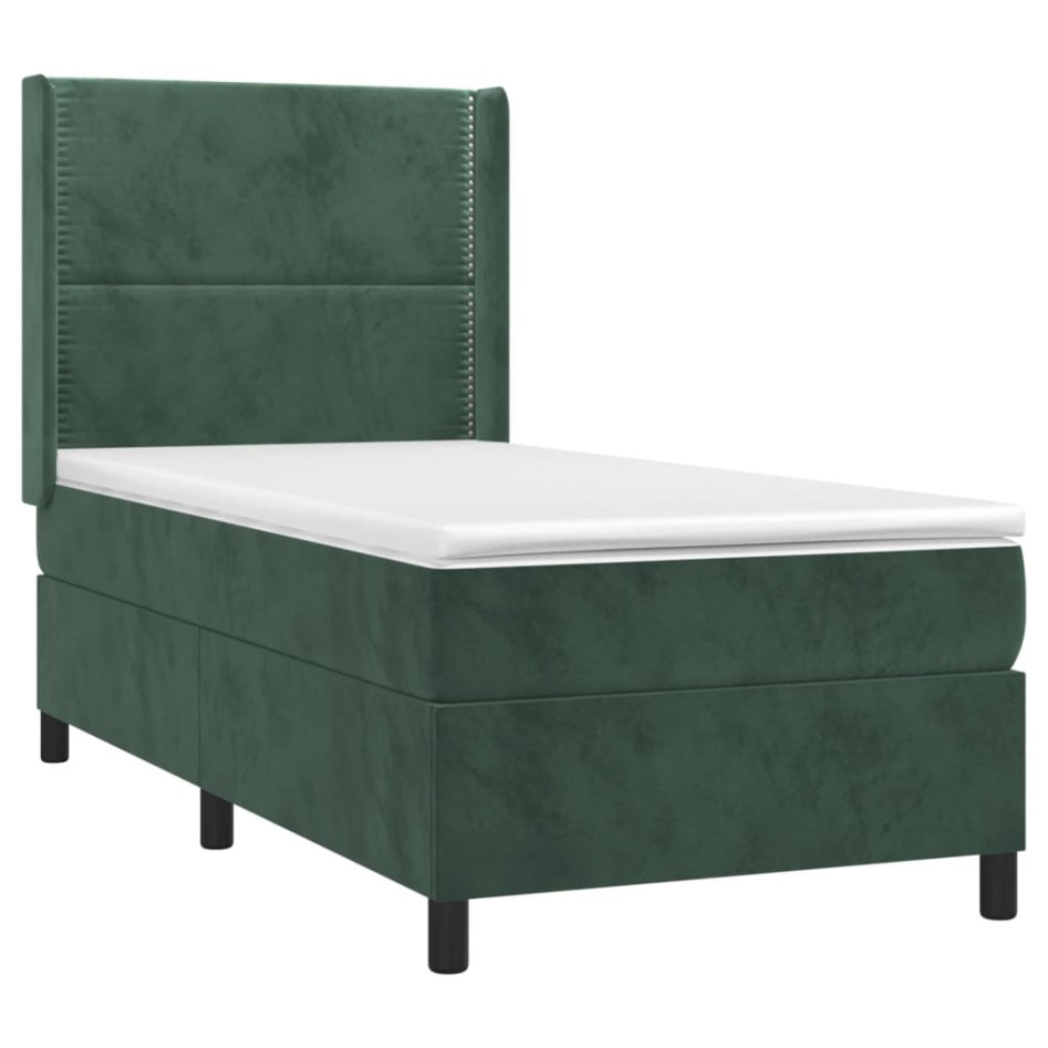 Cama box spring colchón y LED terciopelo verde oscuro 90x190