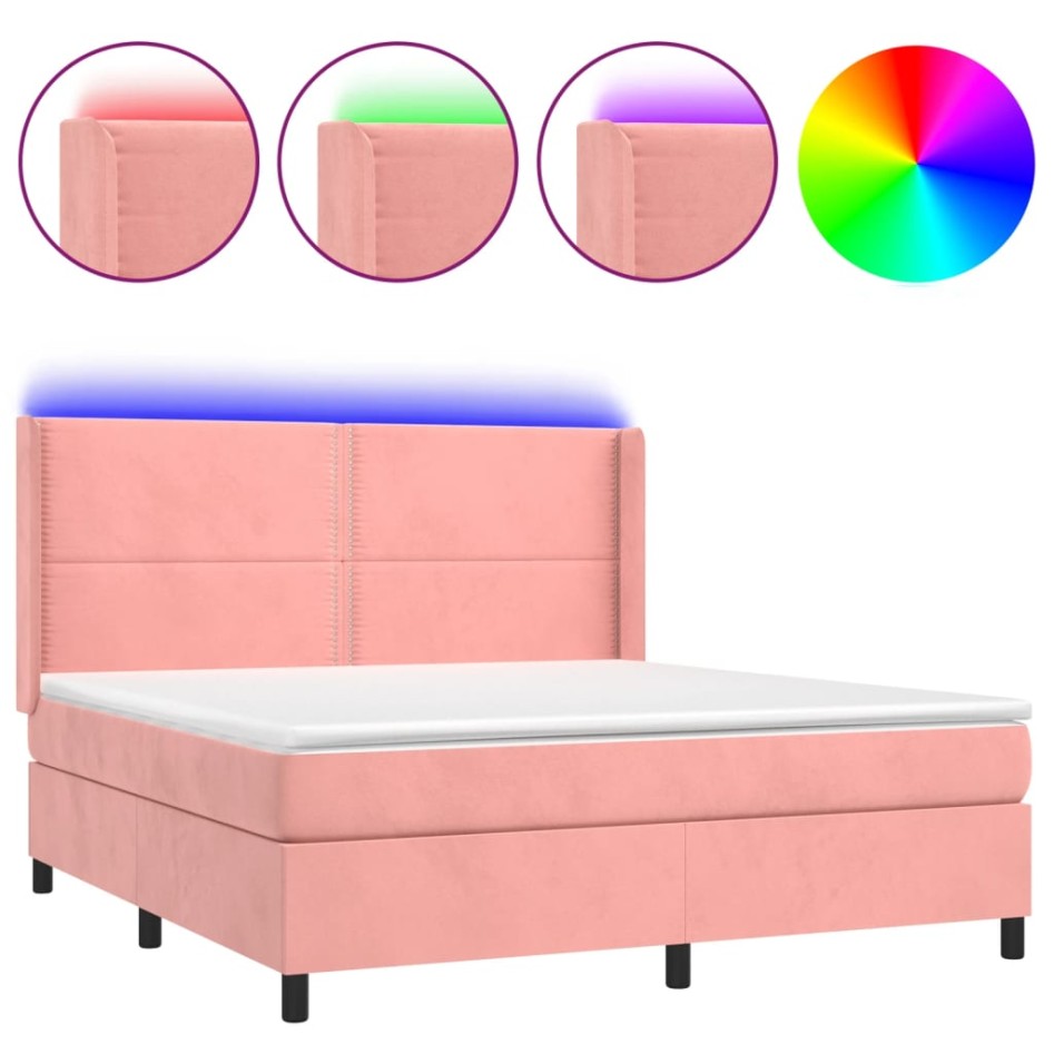 Cama box spring colchón y LED terciopelo rosa 180x200