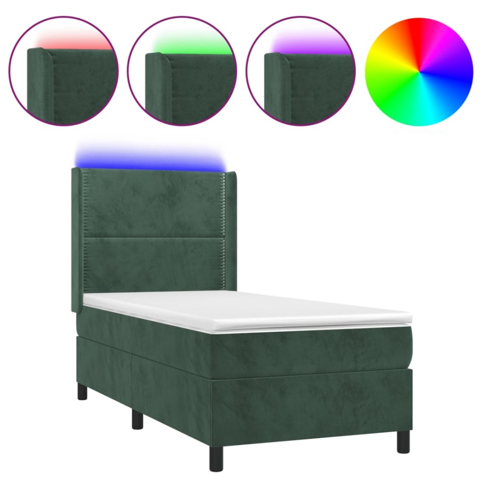 Cama box spring colchón y LED terciopelo verde oscuro 90x200