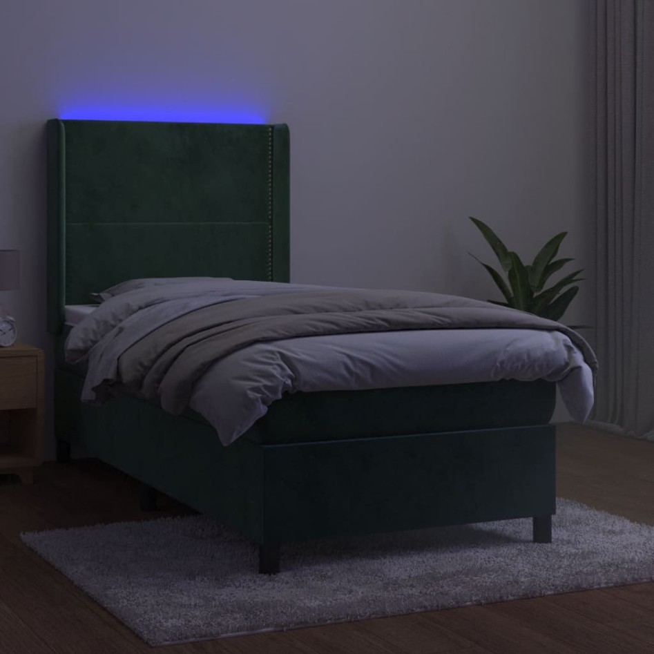 Cama box spring colchón y LED terciopelo verde oscuro 90x200