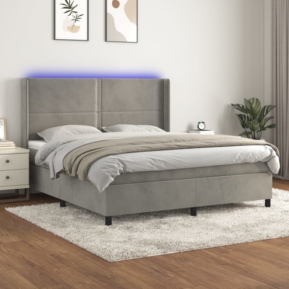 Cama box spring colchón y LED terciopelo gris claro 180x200