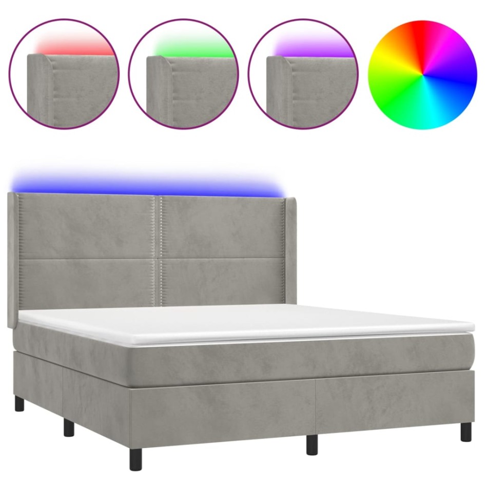 Cama box spring colchón y LED terciopelo gris claro 180x200