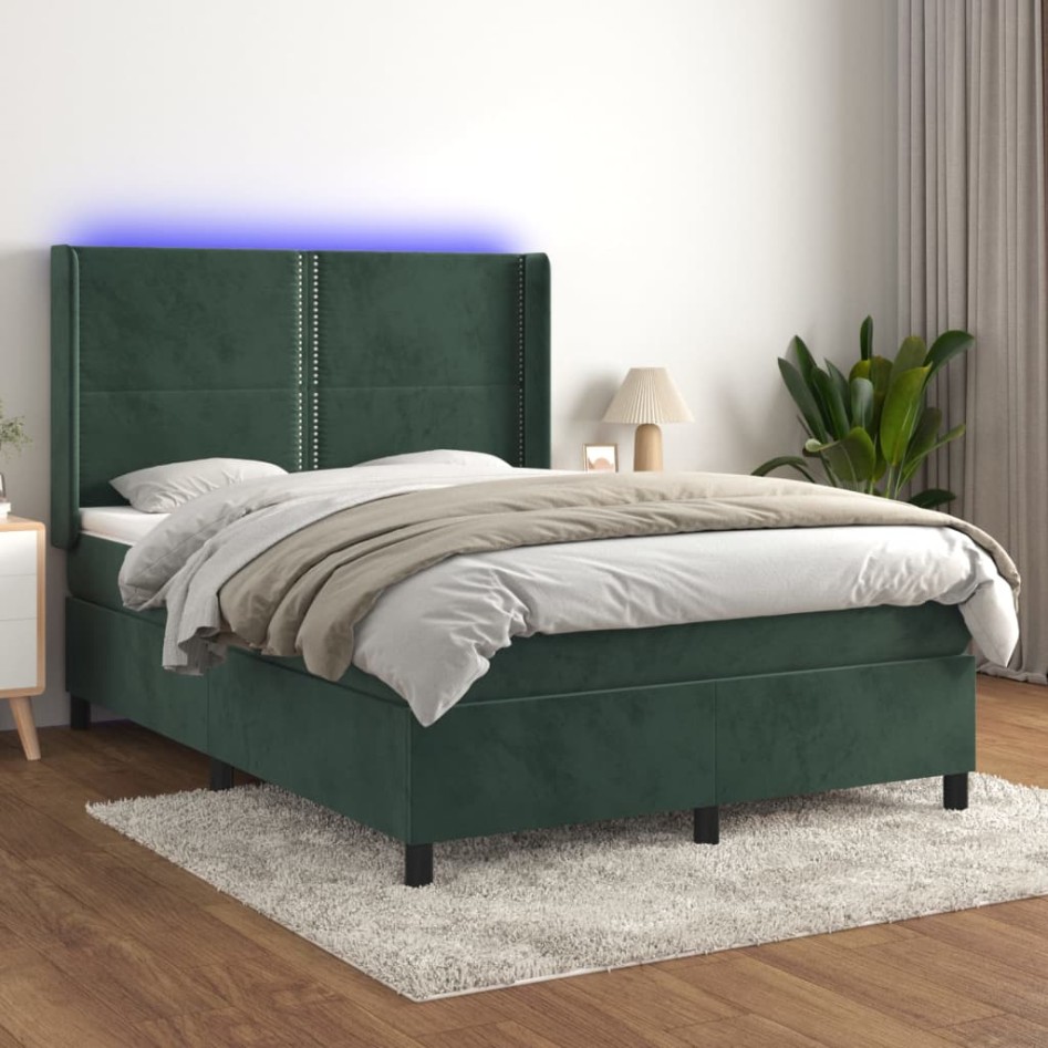 Cama box spring colchón y LED terciopelo verde oscuro