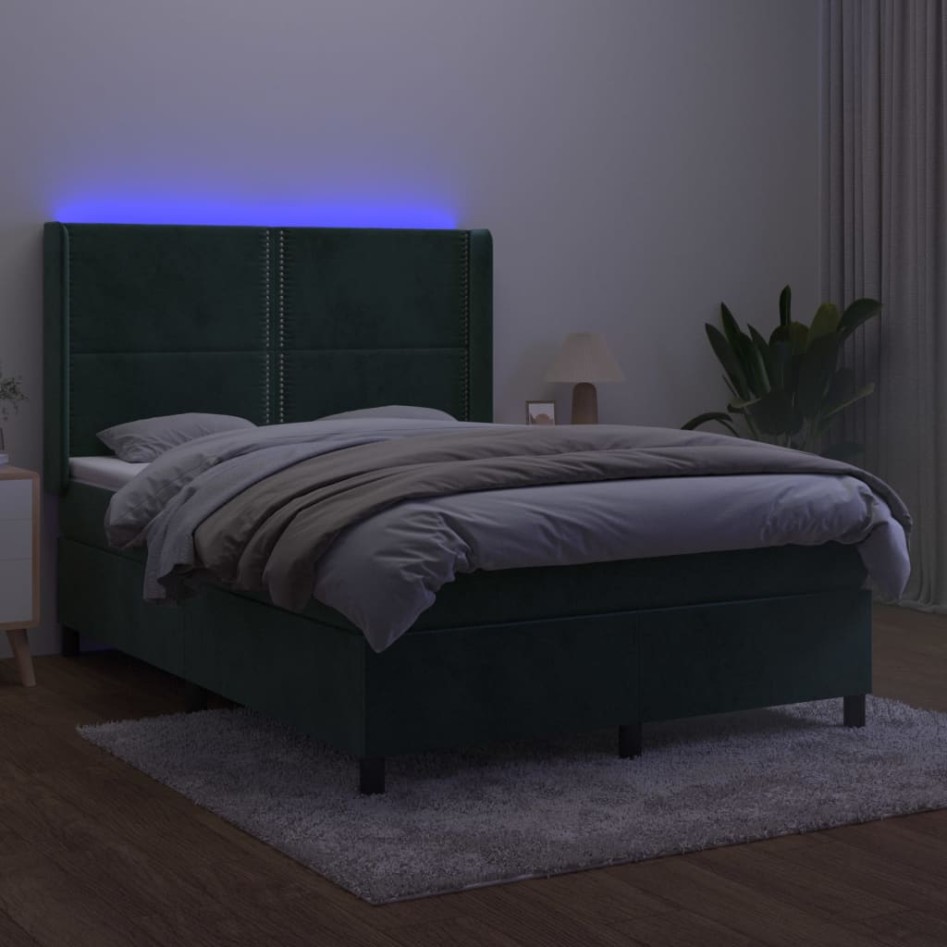 Cama box spring colchón y LED terciopelo verde oscuro