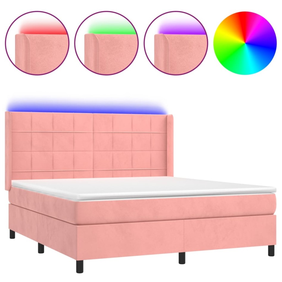 Cama box spring colchón y LED terciopelo rosa 160x200