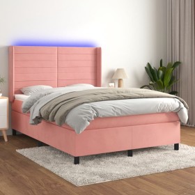Cama box spring colchón y LED terciopelo rosa 140x190