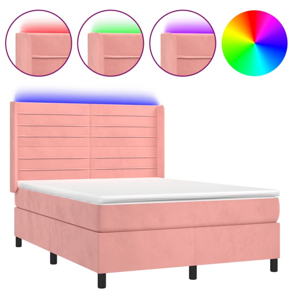 Cama box spring colchón y LED terciopelo rosa 140x190